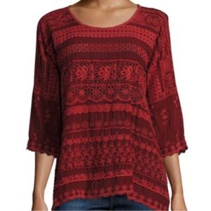 Johnny Was Georgette Drop Shoulder Embroidered Blouse Tunic, Medium